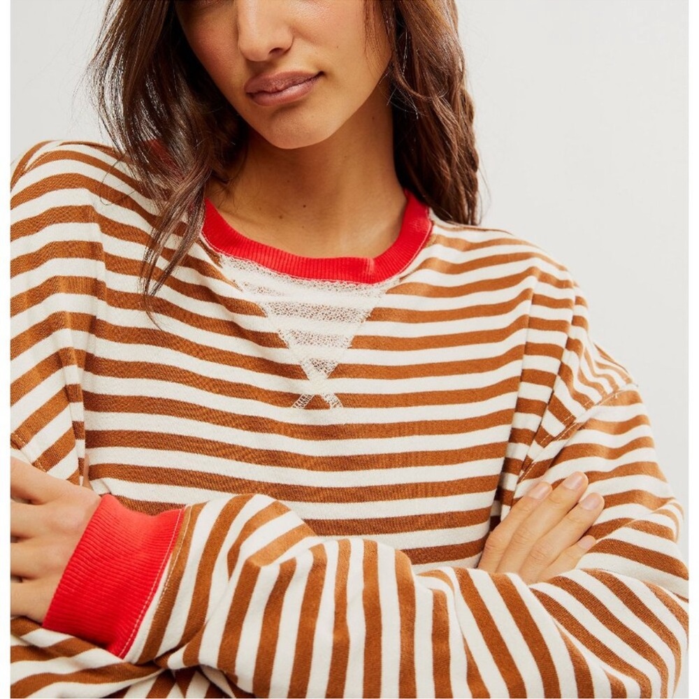 Free People We The Free Classic Striped Oversized Crewneck / Coffee Combo - Picture 4 of 9